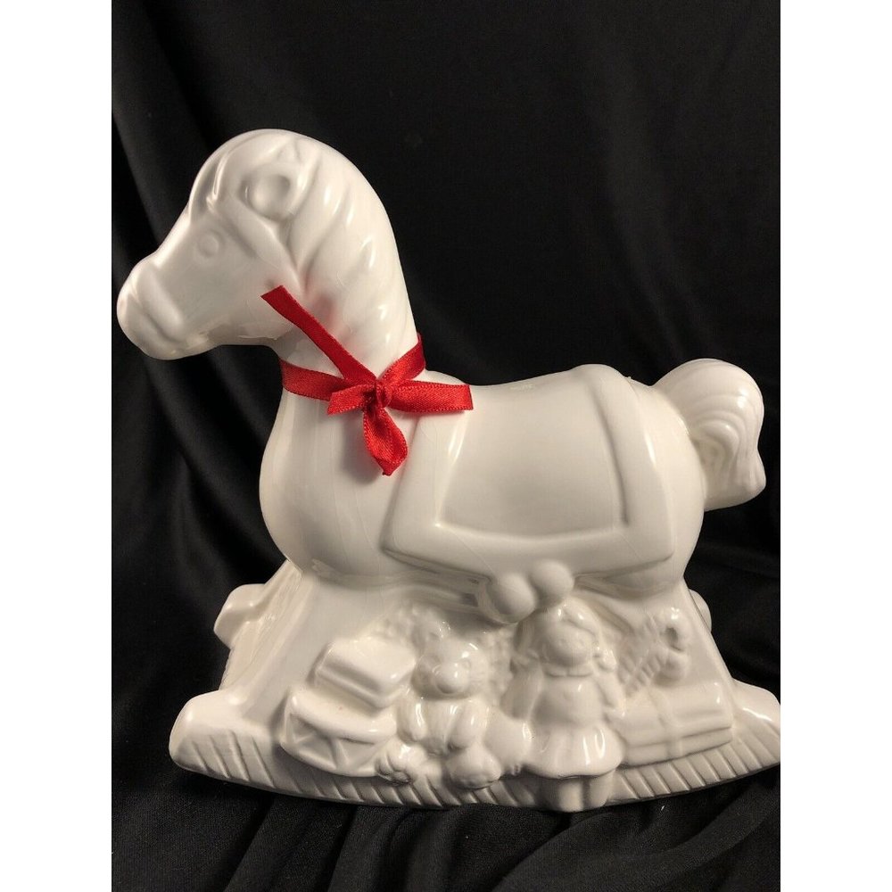Rocking Horse White with Red Ribbon Ceramic Christmas Decoration